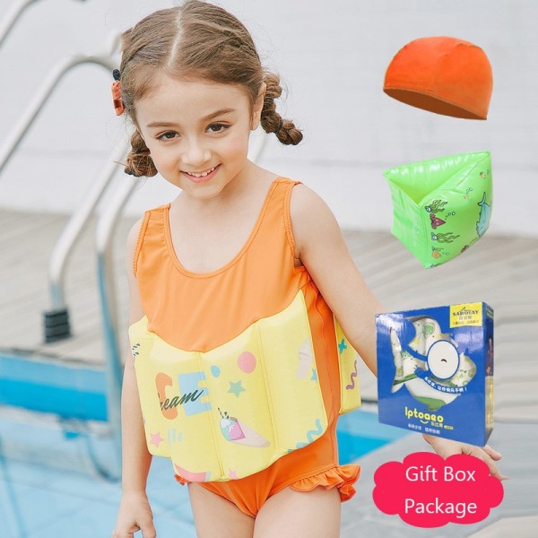 Kids Orange Swimwear Float Suit with Arm Floaties for Toddlers & Infant