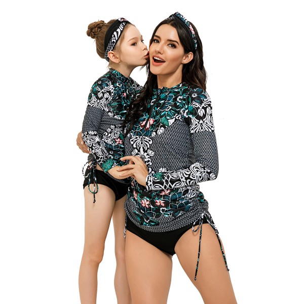 Mom And Daughter Two Pieces Swimsuit Floral Printed Long Sleeve Bathing Suit