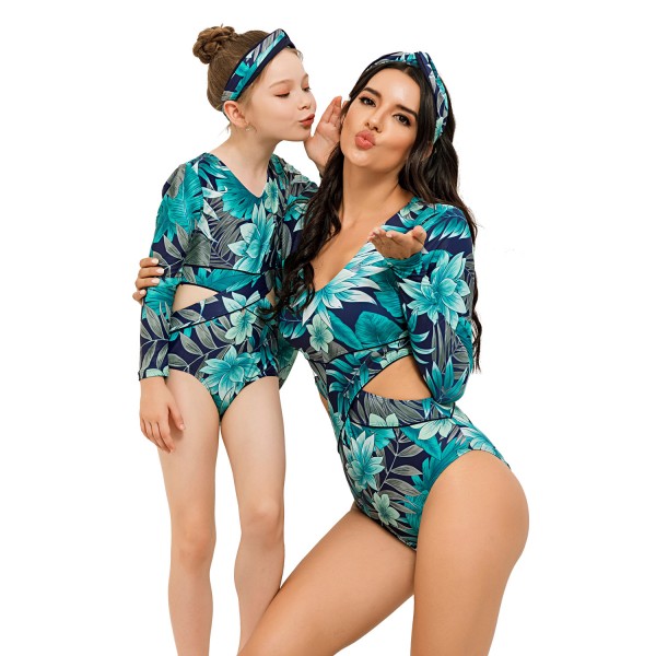 Mother And Daughter Cutaway One Piece Swimsuit Floral Printed Long Sleeve Bathing Wear