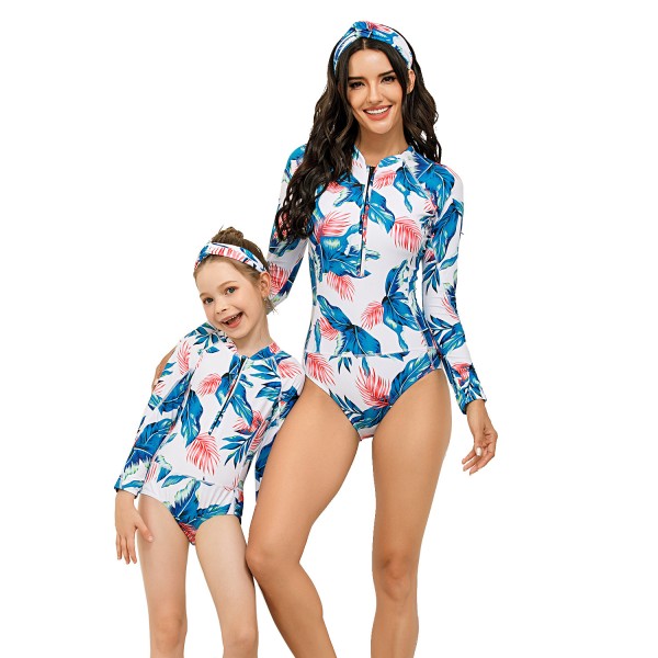 Mommy And Me One Piece Swim Wear Long Sleeve Floral Printed Swimsuit
