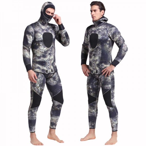 2Pcs 5MM Men's Camouflage Hooded Fullsuit Keep Warm Wetsuit Rash Guard Diving Suit