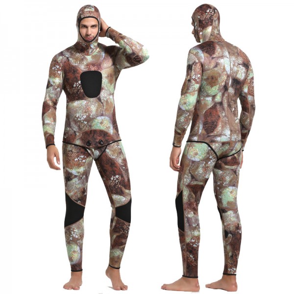 3MM SCR Neoprene Men's Warm 2Pcs Hooded Wetsuit Camouflage Anti-scratch Diving Suit Fullsuit