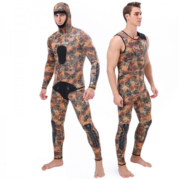 Men 2Pcs Hooded Wetsuit Snakeskin Camouflage Print 3MM SCR Neoprene Full Diving Suit Swimsuit