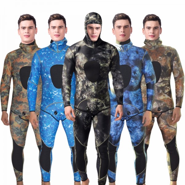 2Pcs Men's 3MM Camouflage Wetsuit Discount Hooded Neoprene Snorkeling Fishing Diving Fullsuit