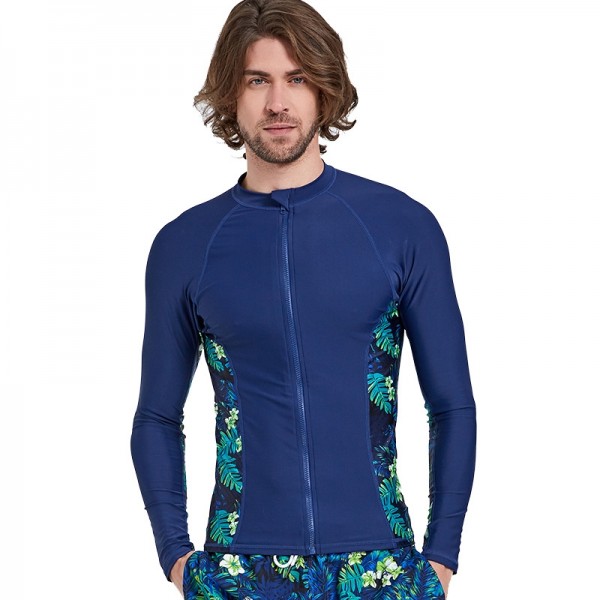 Mens Long Sleeves Rash Guard Shirt UV Sun Protection Print Front Zip Surfing Jacket