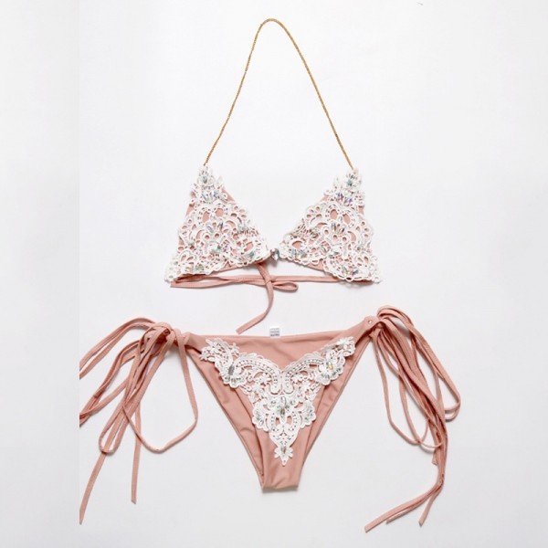 Pink Sexy Bikini with Crystal Halter Swimsuits for Women