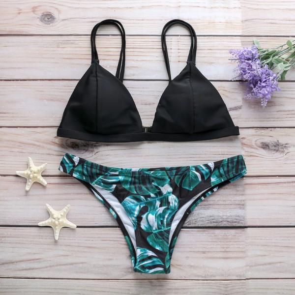 Strappy Leaf Print Triangle Bikini Set