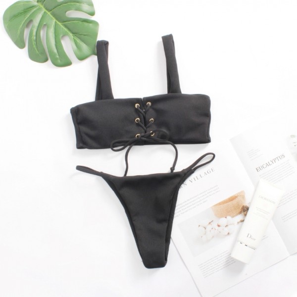 Black Lace-Up Top Bikini Set
