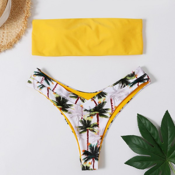 Yellow Coconut Tree Print Bikini Set