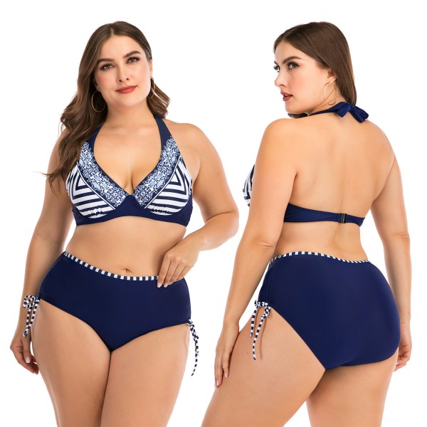 Plus Size Swimwear Striped Halter Top Swimsuit