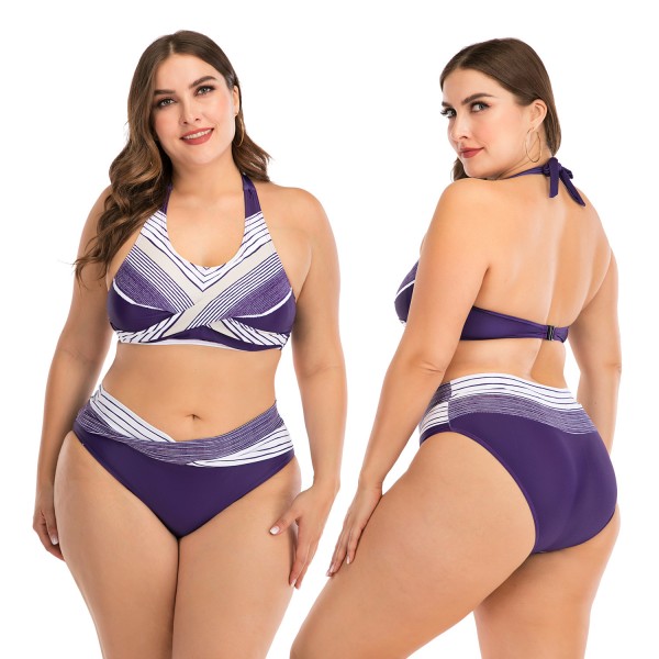 Plus Size Bikini Purple Striped Halter Top Swimsuits