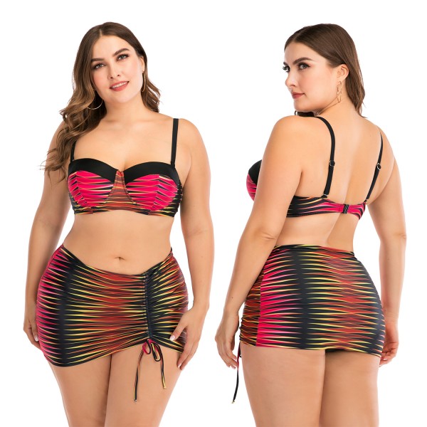 Plus Size Striped Swimwear with Tight Bikini Skirt