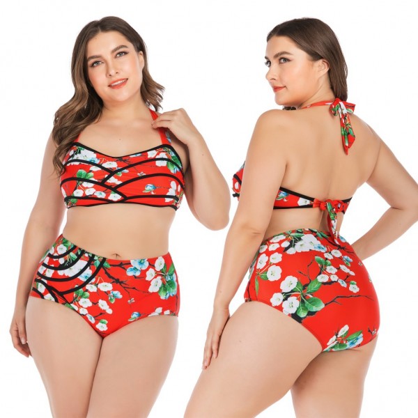 Red Plus Size Bikini Floral Print Halter Top Swimsuit