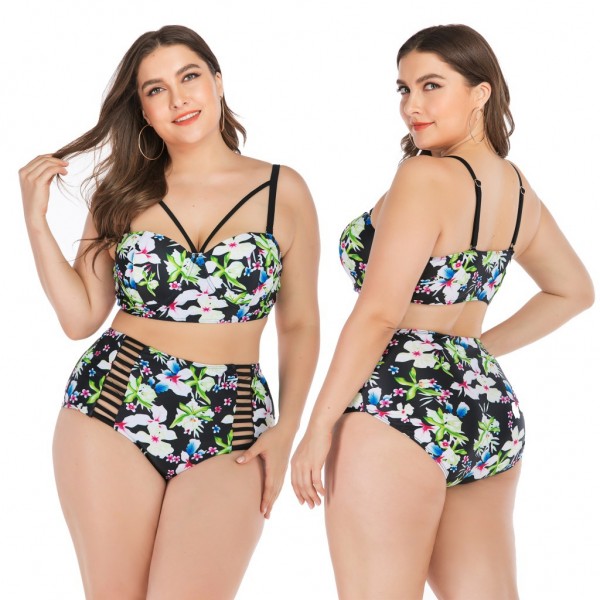Cute Plus Size Swimsuit Floral Print Hollow Bottom Bikini