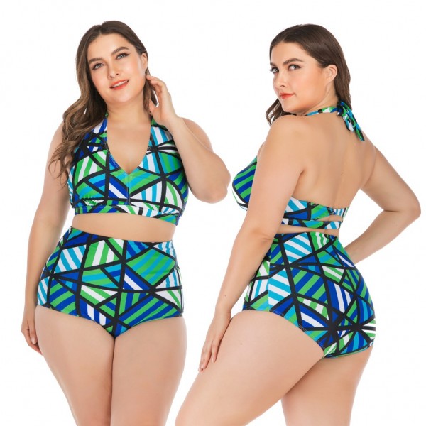 Modest Plus Size Bikini Halter Top Color Block Swimsuit
