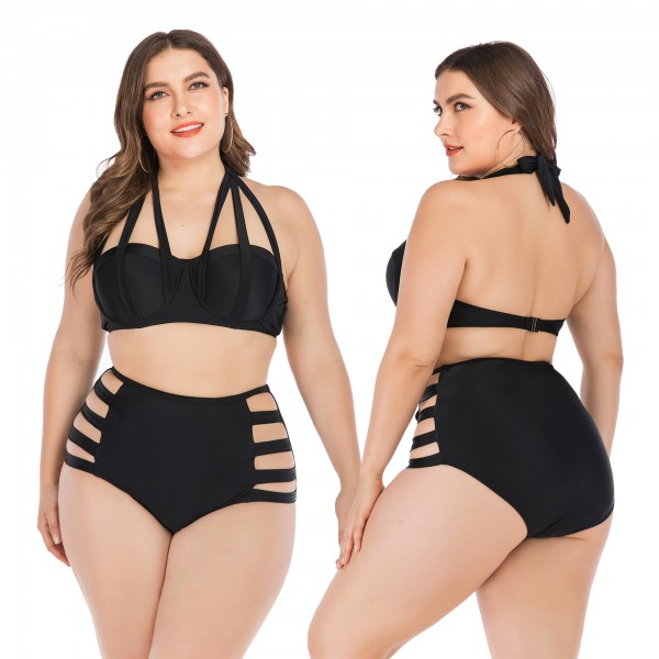 Sexy Black Plus Size Bikini Hollow Halter Top Swimsuit