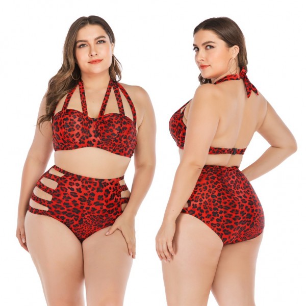 Hot Red Leopard Bikini Hollow Out Plus Size Swimsuit