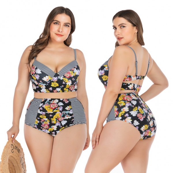 High Waisted Bikini Floral Print Striped Plus Size Swimsuit