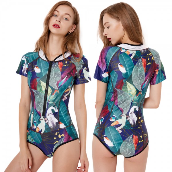 Short Sleeves Women's Rashguard Green Bird Print One Piece Swimwear