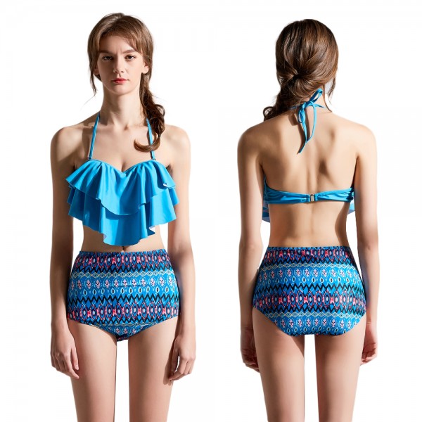 Halter Blue Bikini For Women Two Piece Swimsuit High Waist