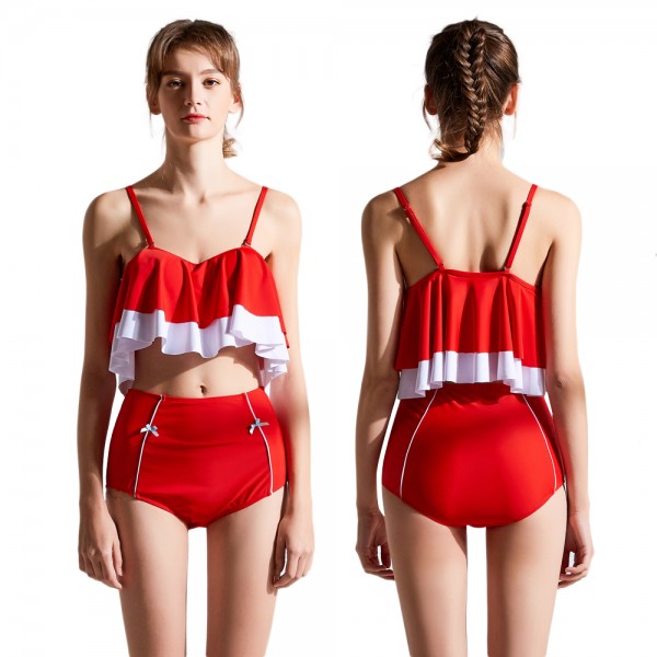 High Waist Two Piece Red Swimsuit Womens Bathing Suit Set