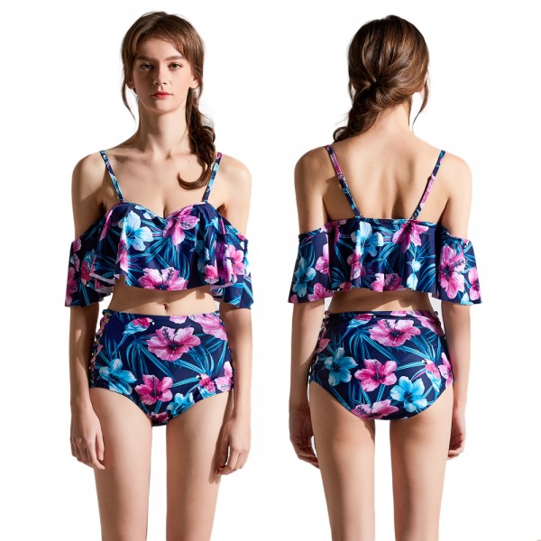 High Waist Bikini Swimwear Blue Flower Print Bathing Suit