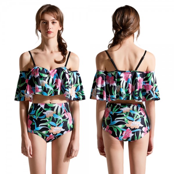 High Waist Bikini Swimwear Green Flower Print Bathing Suit