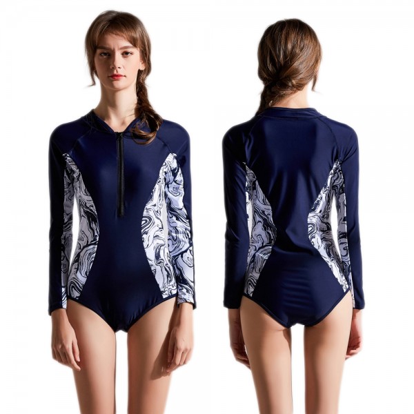 Navy High Neck One Piece Swimsuit Long Sleeves Rash Guard