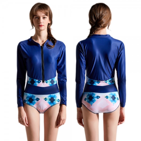High Neck One Piece Swimsuit Long Sleeves Blue Rash Guard