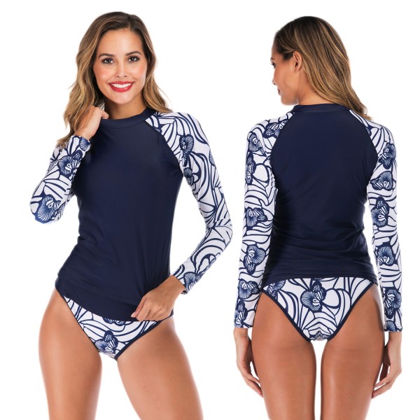 Two Piece Rash Guard Navy Blue Womens Long Sleeve Swimwear