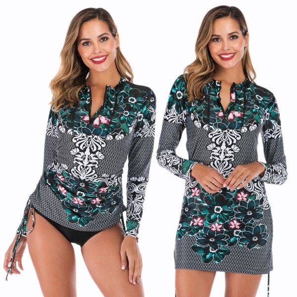 Long Sleeve Two Piece Tankinis For Women Black Swimsuit Dress Print