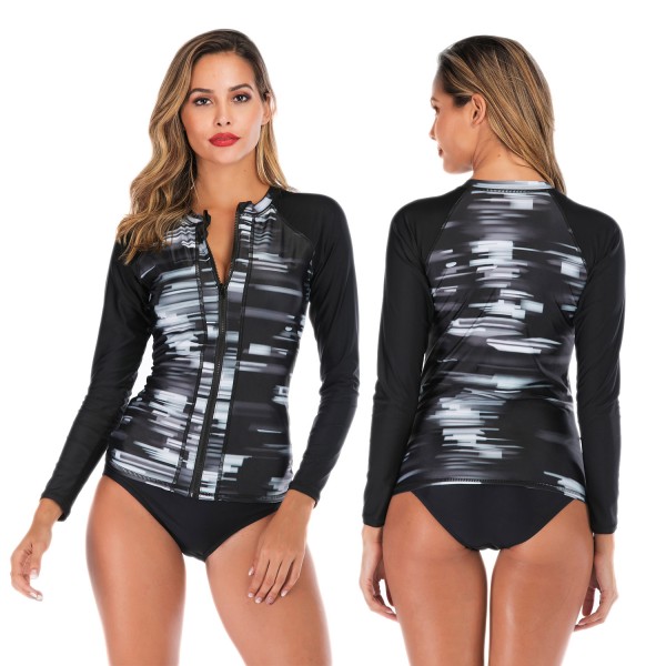 Two Piece Black Print Womens Rash Guard Swim Shirts Swimwear