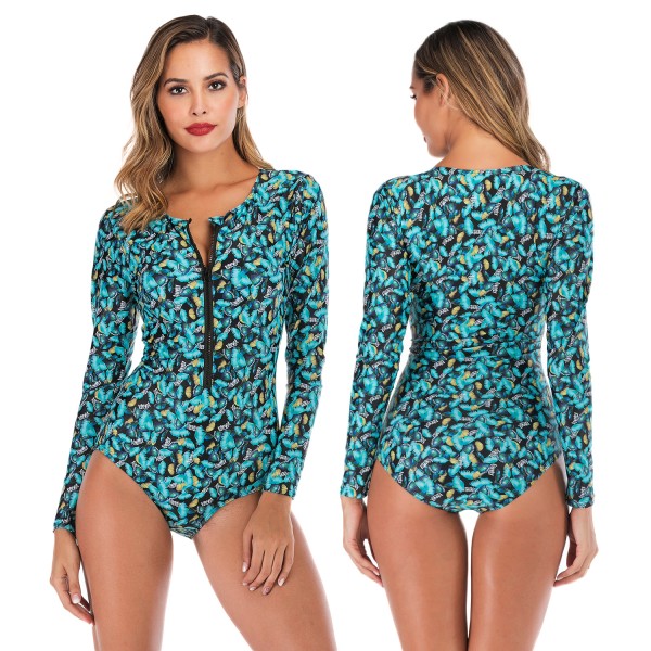 Two Piece Swimsuit Womens Bathing Suit With Long Sleeves Green Print