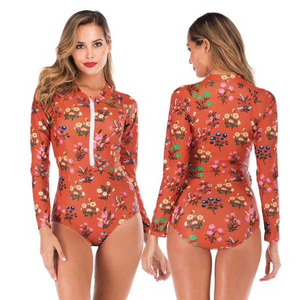 Women's Floral Print Rash Guard Swimsuit With Long Sleeves