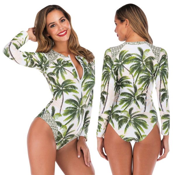 Front Zip Womens Rash Guard With Long Sleeves Coconut Tree Print One Piece Swimsuit