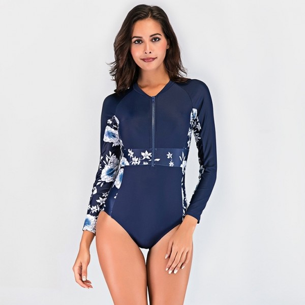 Women's Rash Guard Long Sleeves Navy Blue Floral Sun Protection Front Zip One-Piece Surfing Suit