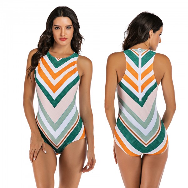 One-Piece Swimsuits Colorblocked Striped Modest Swimwear