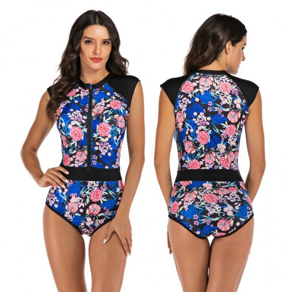 Floral Print Rash Guard Cap Sleeves One Piece Swimsuit