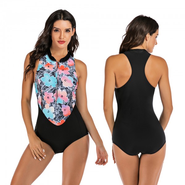 Cute Floral Printed Swimwear Modest One Piece Swimsuit