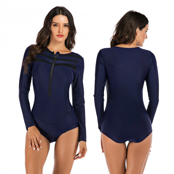 Long Sleeves Rashguard Women's Blue Plus Size Surf Suit