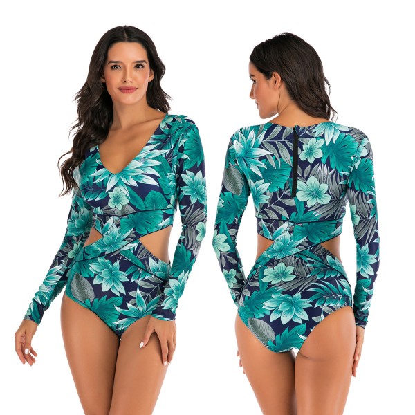 Sexy Long Sleeve Rash Guard Floral Print Cutaway Swimsuit