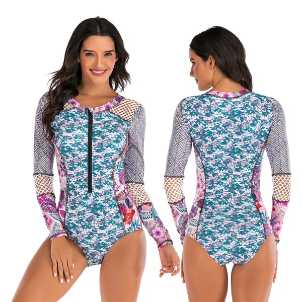 Floral Print One Piece Swimsuit Women's Long Sleeves Rash Guard