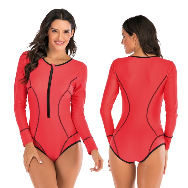 Red Rash Guard Women Long Sleeves One Piece Shorty Surf Suit