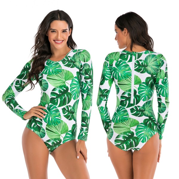 Green Long Sleeves Rash Guard Leaves Print Modest Swimsuit
