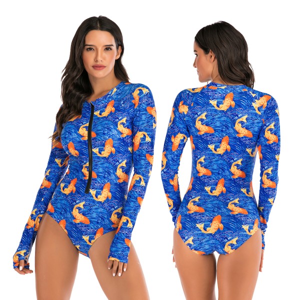 Blue Rash Guard Women's Dolphin Print Shorty Surf Suit
