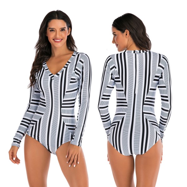 Women's Rashguard V-Neck Striped Long Sleeve One Piece Bathing Suit