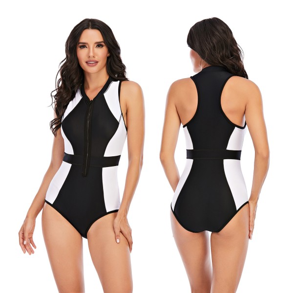 Women Sleeveless Zip Front Rash Guard One Piece Swimsuit
