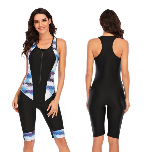 Women One Piece Swimwear Zip Front Sleeveless Knee Tech Suit Swimsuit