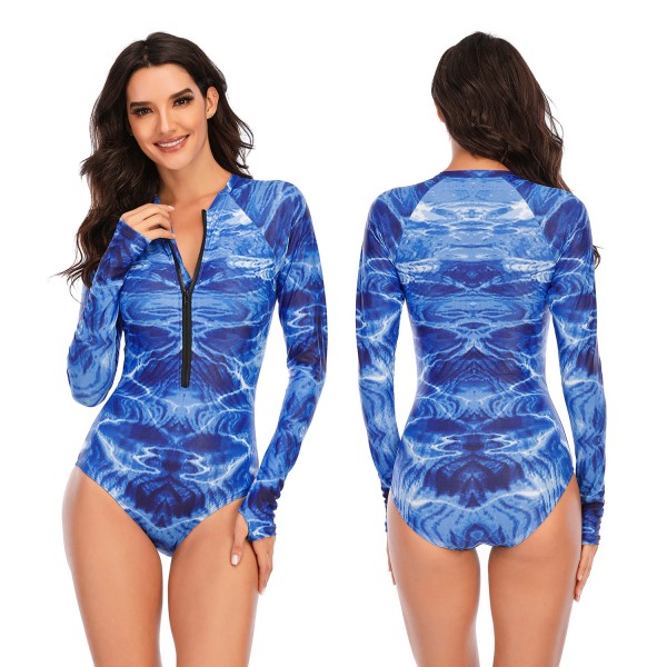 Women One Piece Swimsuit Blue Long Sleeve Springsuit Rash Guard