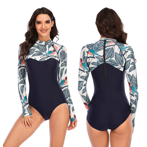 One Piece Swimsuit Print Leaf Long Sleeve Women Swimwear Bathing Suit
